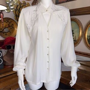 GAILORD VINTAGE Elegant SZ 10 BEIGE/White long puffy sleeve  Women's Top